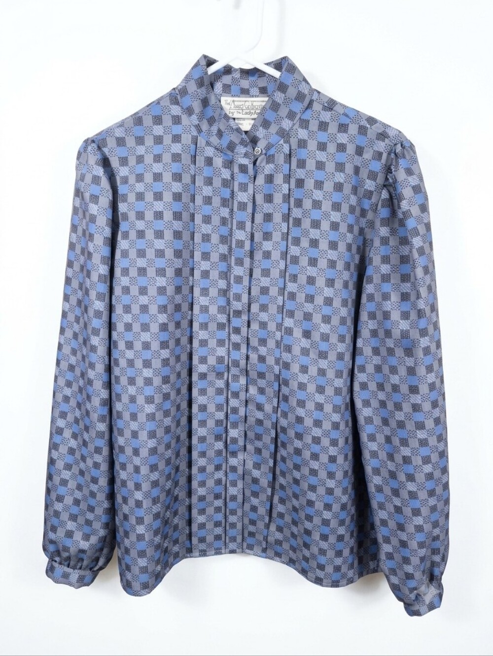 VTG 70s/80s Blouse Lady Arrow Ascot Collection Checkered High Neck Grey Sz 16